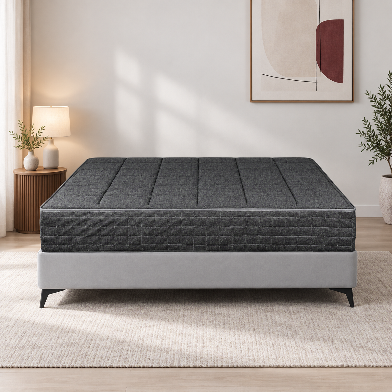 Dark charcoal mattress in a styled bedroom with framed artwork and a warm bedside lamp